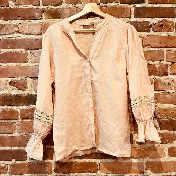 Loeffler Randall Button Up Blouse Flounce Sleeve Large 100% Linen Crochet Trim - Picture 1 of 7